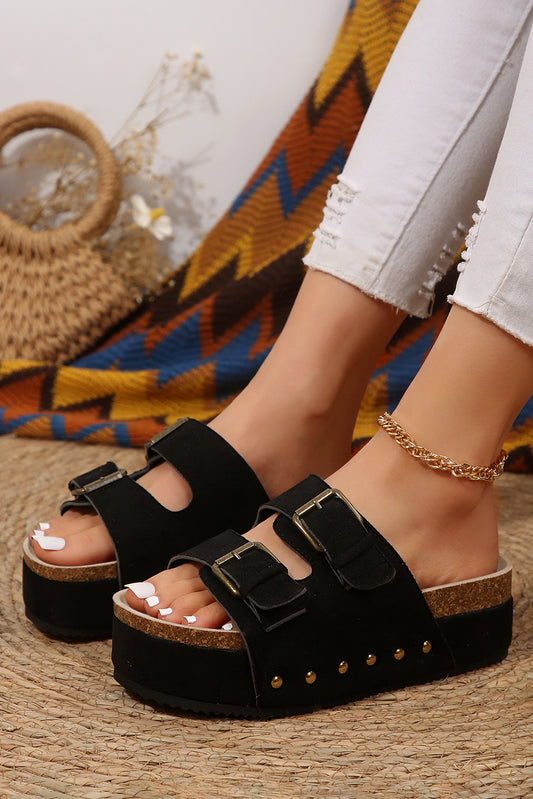 Beige Suede Buckle Decor Footbed Sandals