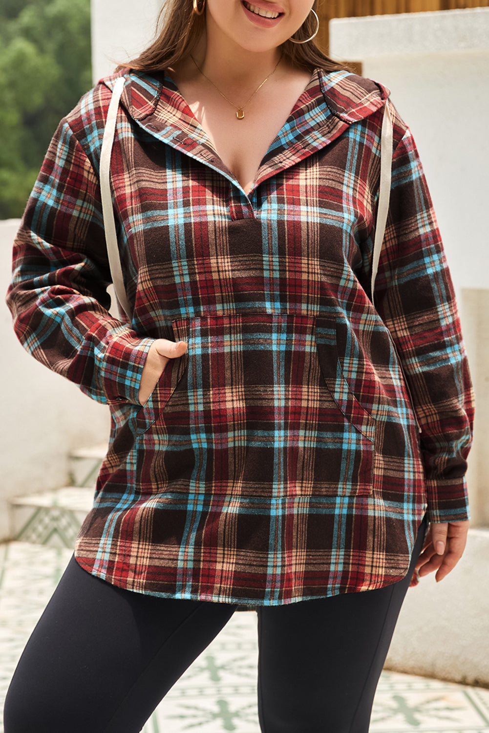 Fiery Red Plus Size Plaid Kangaroo Pocket Drawstring Hoodie