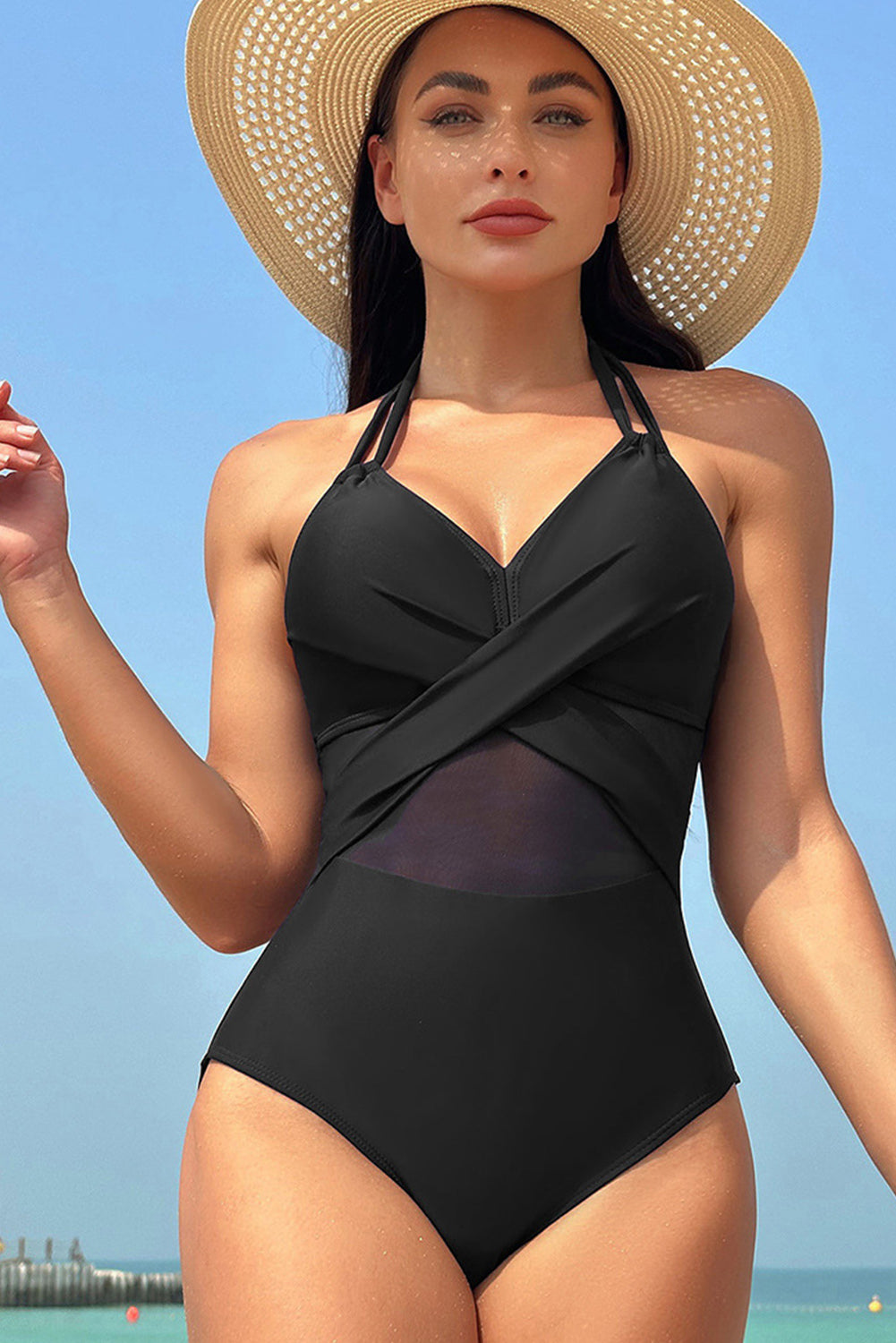 Navy Blue Halter Mesh Insert Cross Front One-Piece Swimsuit