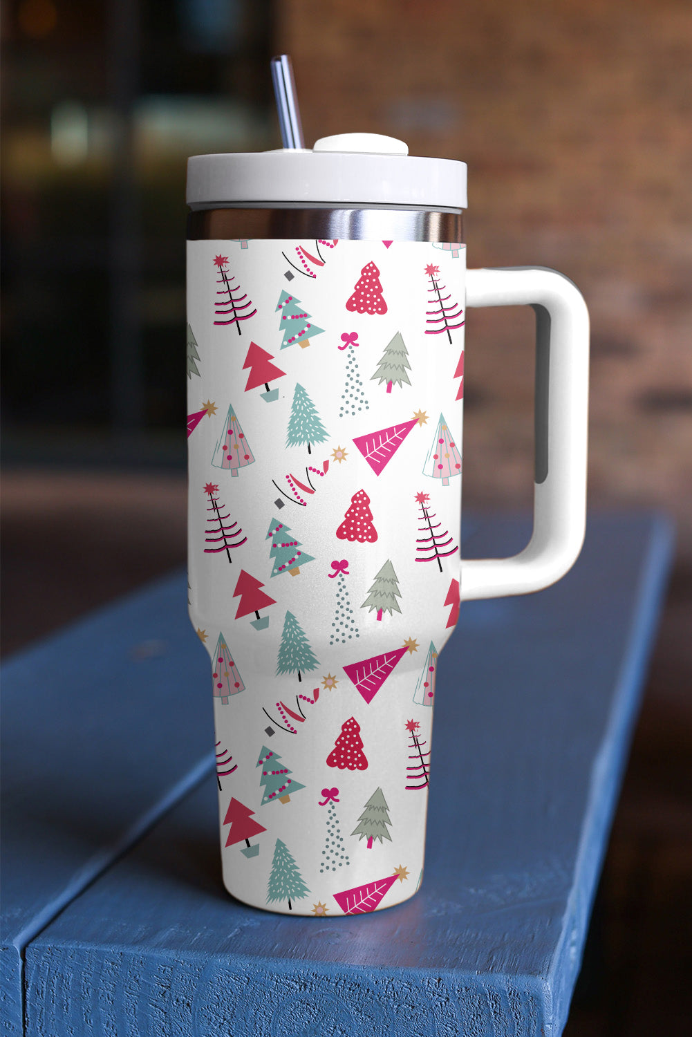 Rose Red Cartoon Christmas Tree Printed Thermos Cup 40oz