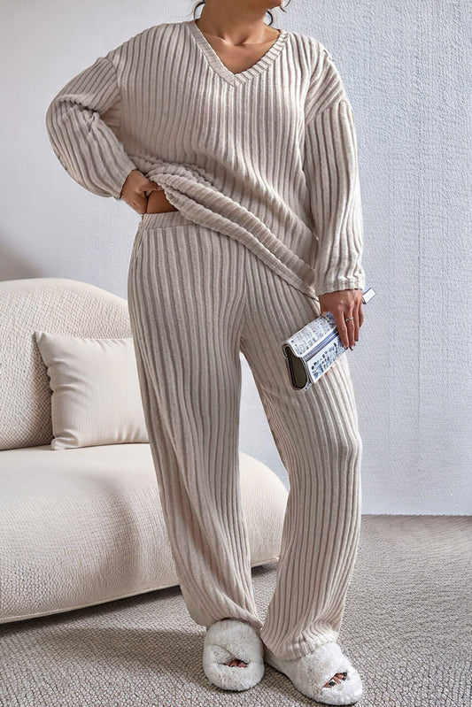 Parchment Plus Size Ribbed V Neck Pullover and Pants Loungewear Set