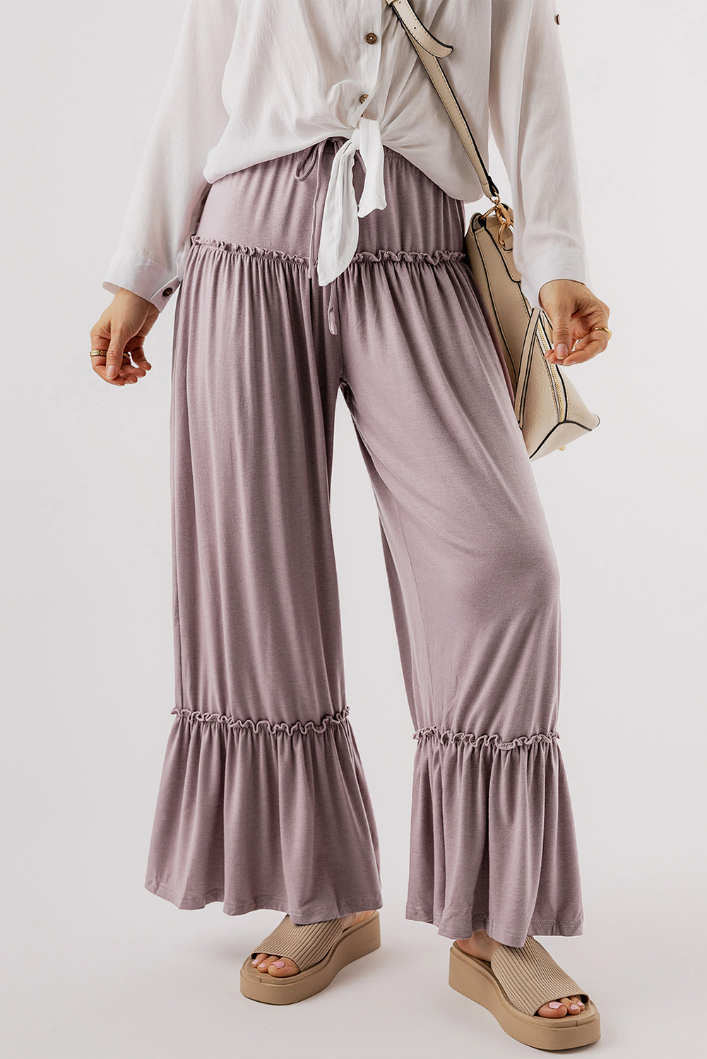 Black Frilled Drawstring High Waist Wide Leg Pants