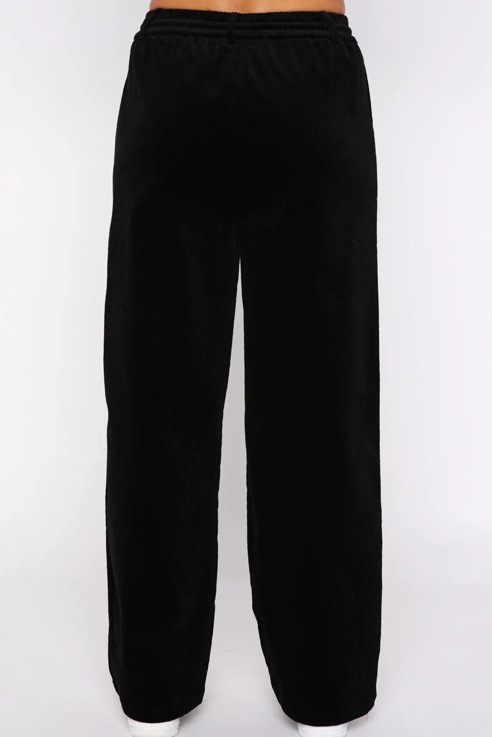 Black Solid Drawstring Waist Wide Leg Pants