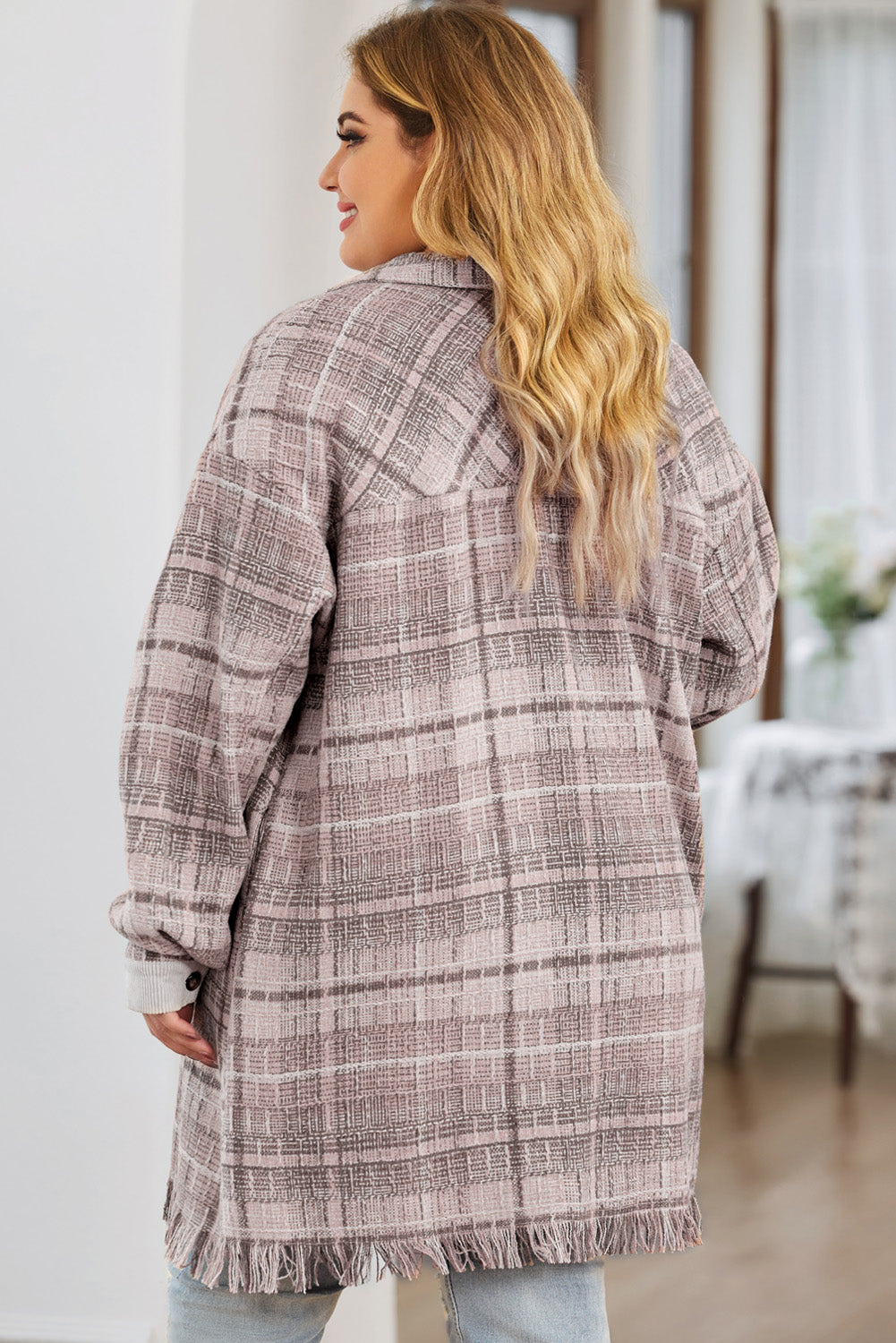 Pink Plus Size Macrame Plaid Coat