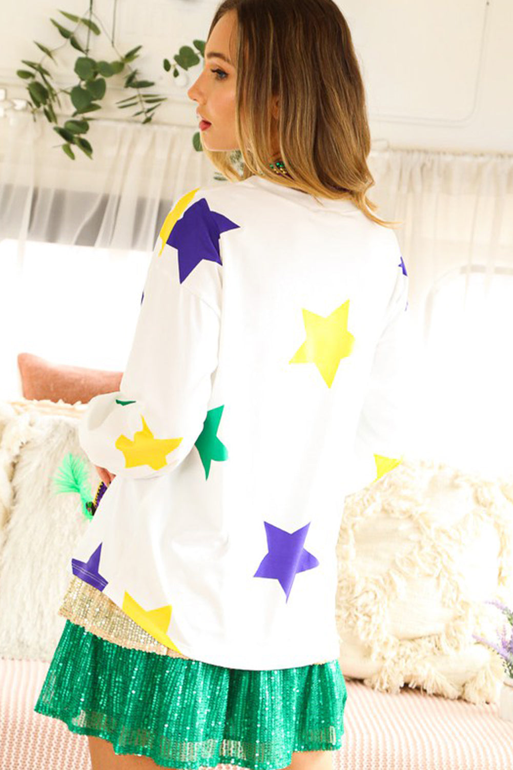 White Mardi Gras Star Printed Long Sleeve Top